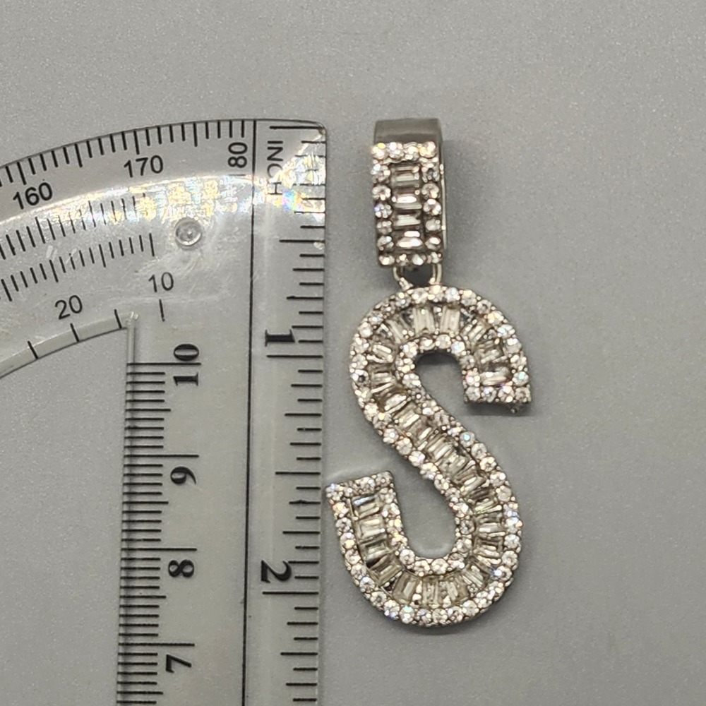 Initial Letter S Pendant 1.75" Baguette Round Rhinestone Silver Tone Bling - Picture 3 of 3